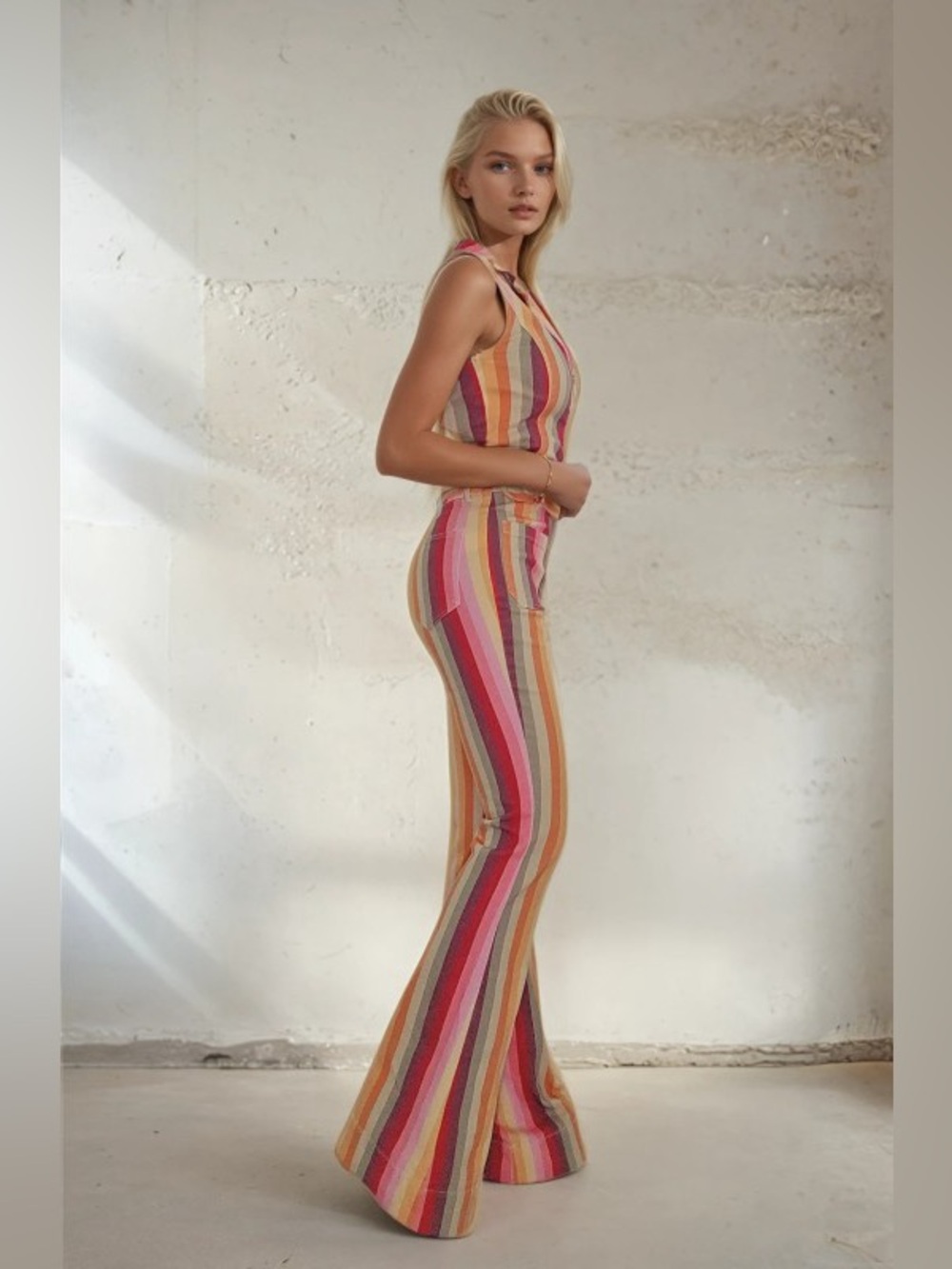 🌈 Retro 70s Vibes Striped Flare Jumpsuit – Sunset Multi-Color Boho Chic! - Picture 4 of 9